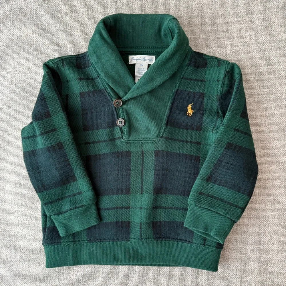 Ralph Lauren Baby Fleece Shawl Collar Plaid Pullover Sweater